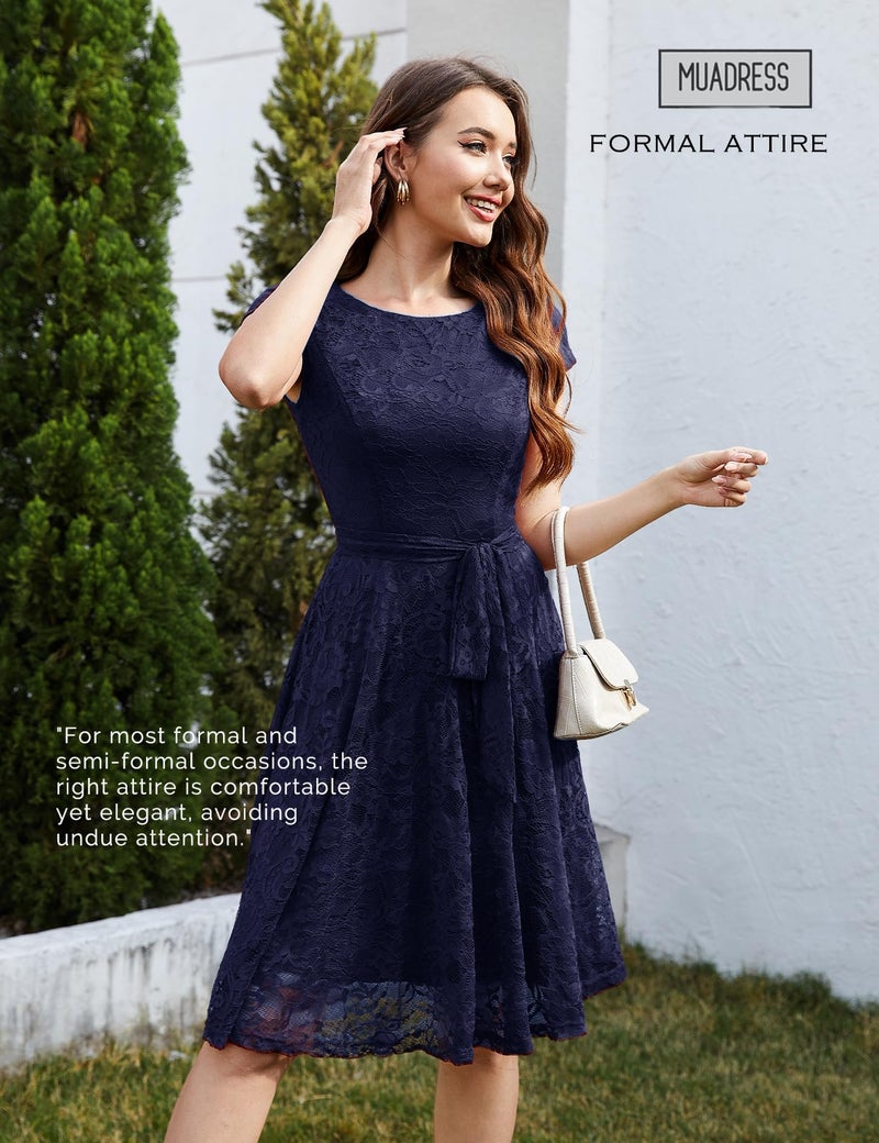 MUADRESS Women Cap-Sleeve Lace Floral Elegant Cocktail Dress Crew Neck Knee Length Bridesmaid Prom Dresses for Party Navy M - Image 4
